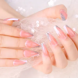 Panjang Nude Pink Putih Kuku Buatan Perancis Glitter Shiny Ballerina Kuku Palsu Peti Mati Salon Tips Kuku Palsu