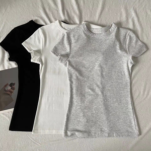T-shirt da donna a girocollo a maniche corte in cotone estivo taglia XS/XL a tinta unita con stampa aderente a maglia - Product Image 3