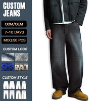 Jean baggy en denim noir délavé vintage, coupe large et oversize, pour homme, avec coutures contrastées aux genoux, style décontracté, personnalisé