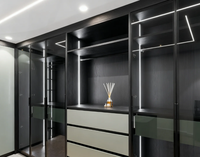 Dressing moderne sur mesure avec portes vitrées en bois foncé, éclairage LED et îlot central de rangement pour villa