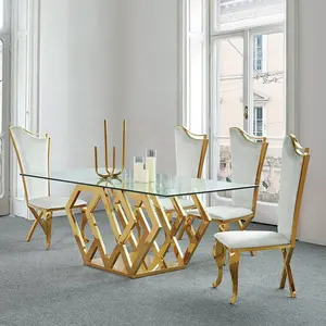 Creative design golden glass dining table set 6 seater lunxury 12mm thick tempered glass modern dining table