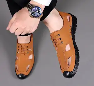 Sandalias de cuero genuino para hombre a la moda, zapatos informales de negocios, diseño de alta calidad, sandalias de playa para exteriores, zapatillas de agua para hombre