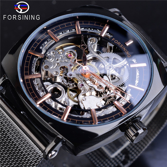 Forsining Gmt1076 Black Genuine Leather Fashion Royal Luxury Gold Clock Transparent Skeleton Men Automatic Mechanical Watches