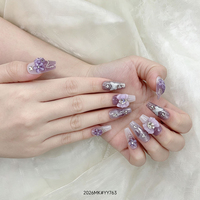 Faux Ongles Cercueil Luxe Violet Dégradé avec Fleurs 3D, Papillons et Chaînes Diamantées en PMMA, Réutilisables et Faits Main pour Doigts