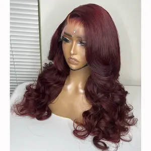 Barato 99j 13x4 Lace Front Body Wave Peruca de Cabelo Humano Para Mulheres Negras Borgonha Vinho Vermelho De Seda Reta Lace Frontal Peruca Pré Arrancadas