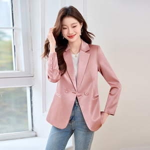 Pink Blazer For Women Slim Fit Korean Style Casual Short Jacket With Pocket Anti Wrinkle Solid Color Polyester Fabric - Product Image 1