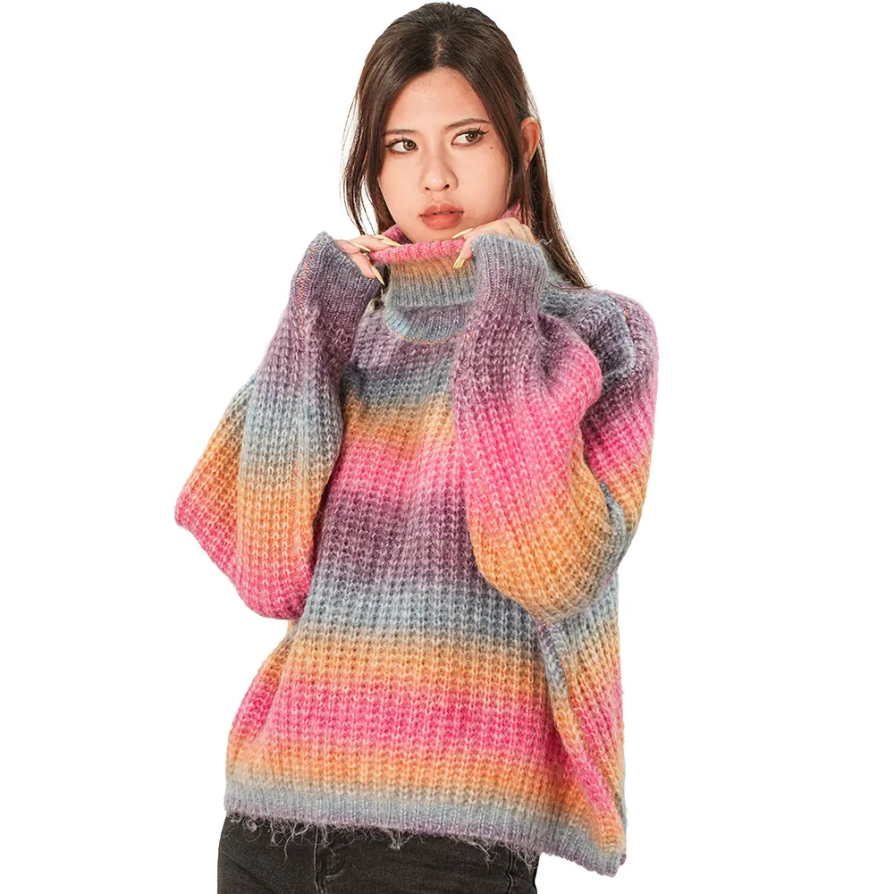 Suéter listrado feminino de arco-íris, pulôver feminino personalizado para outono/inverno