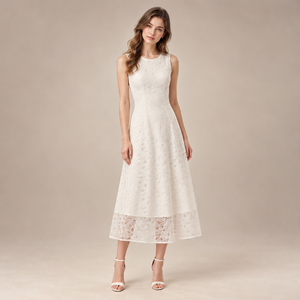 Vestido midi sin mangas de encaje floral para mujer, cuello redondo, corte en A, estilo acampanado, vestido de fiesta con dobladillo transparente - Product Image 3