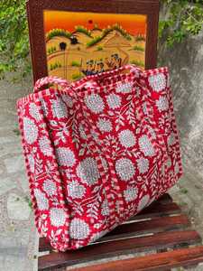Hand Block Printed Quilted Cotton Tote <b>Bag</b> <b>Lightweight</b> Everyday Carry Shoulder Shopping Handbag - Product Image 2