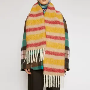 RTS/OEM Colorful Scarf Custom Logo Vintage Stripe Pattern Bufanda 250cm Woolen Thick Tassels Scarfs For Women Winter