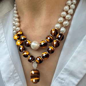 ชุดสร้อยคอจี้หินตาเสือธรรมชาติสุดหรูและทันสมัย 2 ชิ้น พร้อมไข่มุกน้ำจืด |   ของขวัญที่ดีที่สุดสำหรับวั<span class=keywords><strong>น</strong></span>วาเล<span class=keywords><strong>น</strong></span>ไท<span class=keywords><strong>น</strong></span>์ - Product Image 1