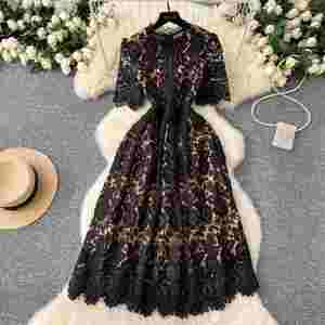 Vestido Midi Casual de Verano Estilo Vintage para Mujer, Manga Corta, Corte Imperio, con Encaje Calado, Color Negro - Product Image 3