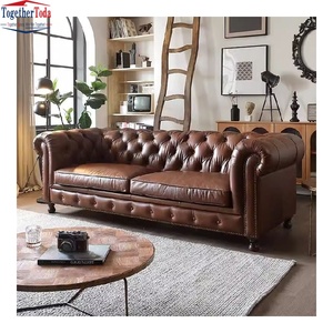 Sofá de Cuero Marrón con Diseño Americano de Inspiración Vintage, Estructura de Madera Sólida y Resistente, Acolchado de Esponja de Alta Densidad - Product Image 4