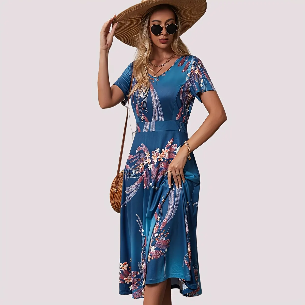 TICOSA Fashion elegante abito con stampa atmosferica scollo a V manica corta vita altalena Sexy Casual grande Swing elegante abito lungo