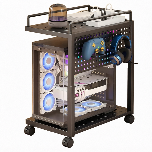 Custom Adjustable Double Tier Metal Computer Tower Stand Rack with Wheels Under Desk PC Cart for Gaming and Office Use