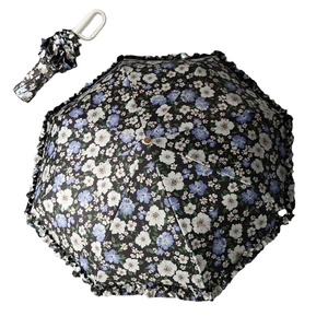 Parapluie de soleil pliant de luxe en pongee frais, imprimé floral, avec bordure en dentelle, revêtement noir, ouverture manuelle à trois volets, fermoir annulaire, pour femme - Product Image 1