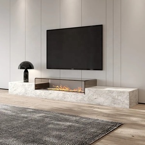Modern <strong>White</strong> Marble <strong>TV</strong> <strong>Stand</strong> with Tempered Glass Top and Fireplace for Living Room Hotel &amp; Apartment Use - Product Image 5