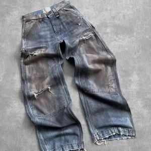 Pantalon en jean ample et délavé pour homme, 100 % coton, coupe ample, style double genou, lavage sale - Product Image 3