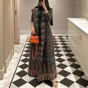 Miyake haut de gamme imprimé Abaya vente chaude moyen-orient musulman vêtements d'extérieur avec ceinture polyvalente à la mode navettage Robe plis - Product Image 3