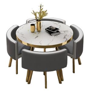 Ensemble de table et de chaises de salle à manger en marbre rond minimaliste, 4 chaises, base en métal pour restaurant, cuisine, ensemble de table de salle à manger en marbre de luxe - Product Image 1