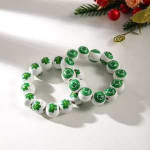 St. Patrick's Day White Wooden <b>Bead</b> <b>Bracelet</b> Green Hat Shamrock Design Women's Jewelry Round Shape Fashion <b>Bracelet</b> - Product Image 3