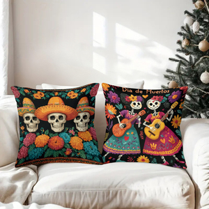 Almohadas decorativas con temática del Día de los Muertos con calaveras y guitarras coloridas para decoración festiva del hogar - Product Image 3