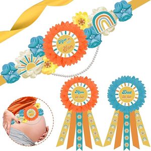 Voici la ceinture de maternité pour la fête prénatale avec épingles de corsage « Future maman » et « Future <span class=keywords><strong>papa</strong></span> », ceinture ventrale florale style bohème rétro pour la grossesse - Product Image 1