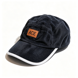 Gorra de Pana de 5 Paneles OEM de Fábrica, Estilo Campamento, Sin Estructura, Visera Curva, Logotipo de Parche de Cuero Personalizado, Ribete Blanco, Gorra de Pana Vintage - Product Image 5
