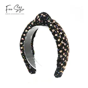 Finestyle Original factory black rainbow thread tweed fabric clear rivet womens headbands custom hair accessories hairband