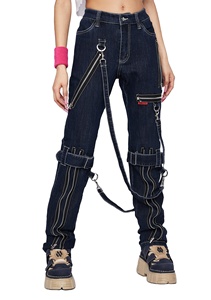 Jeans pour femmes personnalisé <span class=keywords><strong>2022</strong></span> automne Style punk Denim <span class=keywords><strong>classique</strong></span> bretelles Bondage amovibles <span class=keywords><strong>pantalon</strong></span> à fermeture éclair - Product Image 2