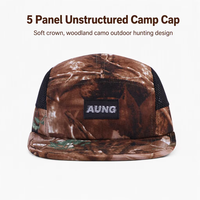 Casquette de sport 5 panneaux non structurée à visière plate, respirante, avec logo tissé personnalisé, motif camouflage arbre, pour activités de plein air et camping