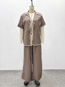 ชุดเซ็ต 2 ชิ้นสำหรับผู้หญิง แต่งขอบตัดกัน - เสื้อแขนสั้นผูกด้านหน้าและกางเกงขายาวทรงกว้าง ชุดแฟชั่นสำหรับผู้หญิงแอฟริกัน - Product Image 6