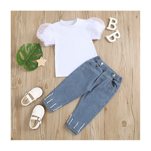 Conjunto de Ropa para Niñas, Camiseta de Algodón Puro con Manga Abullonada de Encaje, Jeans Casuales con Cuentas, Atuendo Cómodo para Bebés, Otoño Invierno - Product Image 1