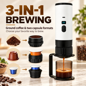 Machine à expresso portable auto-chauffante 3-en-1 OEM ODM pour la maison et les voyages, rechargeable, compatible capsules et café moulu, pour la vente en gros - Product Image 1