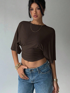 T-shirt corta aderente con top corto a tinta unita e maniche a tre quarti in stile europeo o americano - Product Image 6