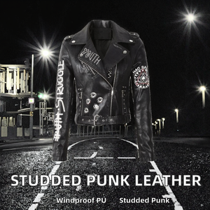 Fashion Women Studded Rivet Floral PU Leather Motorcycle <b>Jacket</b> Biker <b>Punk</b> Outerwear Black Spring Winter Windproof Waterproof - Product Image 2