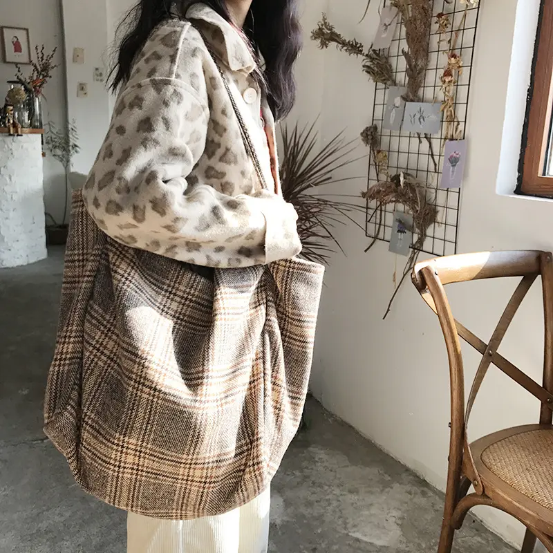 Bolsos de lona de lana para mujer, bolso de hombro informal de gran capacidad a cuadros Vintage para mujer