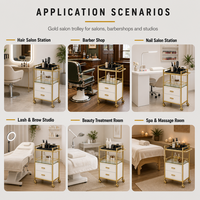 Chariot de Salon de Luxe en Bois Blanc et Doré avec Tiroirs et Roulettes pour Coiffure, Esthétique et Spa