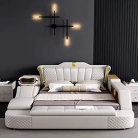 Ensemble de lit haut de gamme moderne en cuir de designer, multifonctionnel avec rangement et fonction massage, pour chambre à coucher, disponible en tailles King et Queen