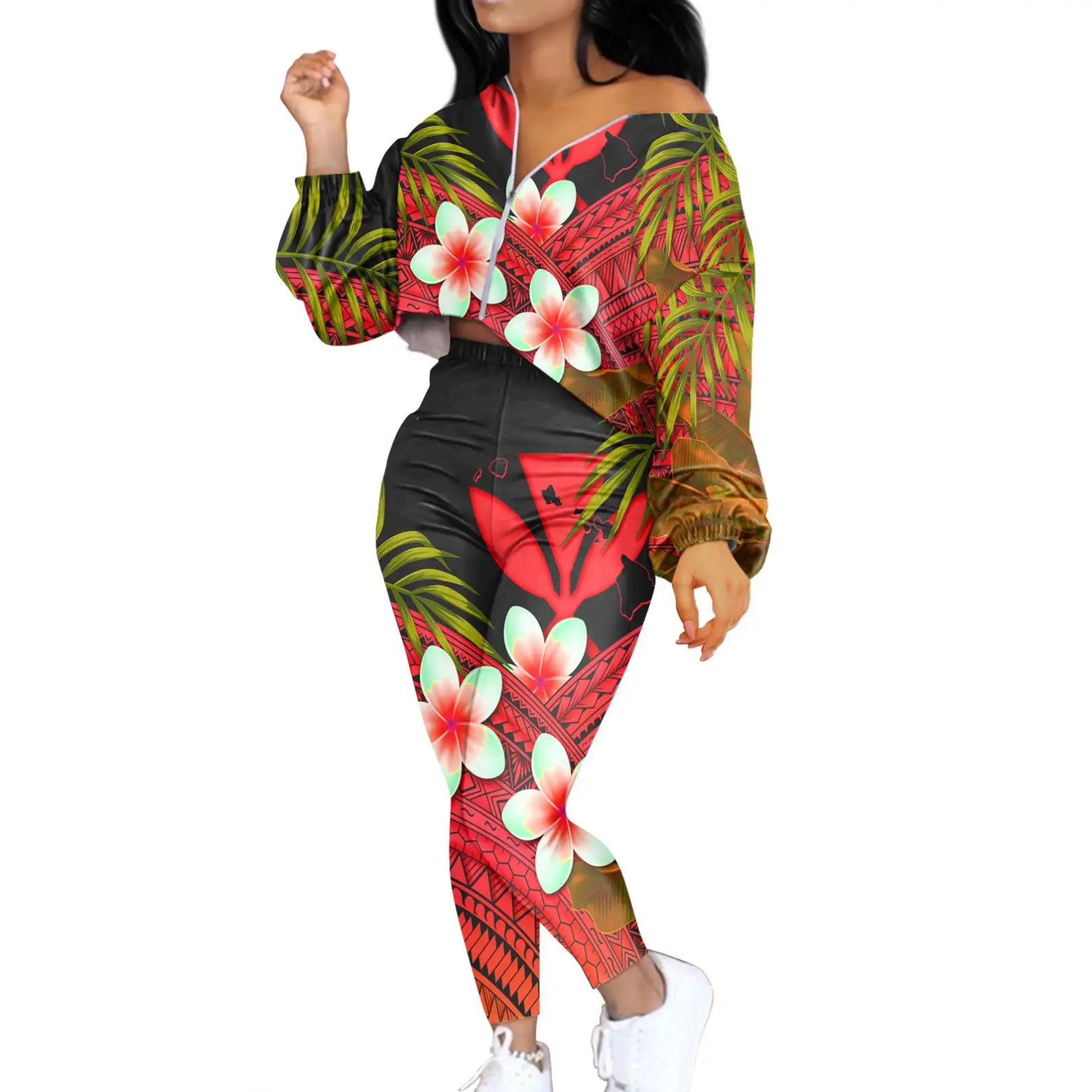 卸売印刷カスタマイズポリネシアの伝統的な部族スタイルの女性の長袖とフィットネスセットパンツトラックスーツ衣装