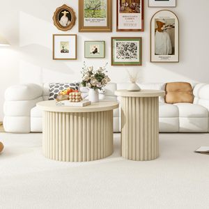 Combohome Nesting Coffee <strong>Table</strong> Set 2 Modern Accent Fluted Base Bamboo Glass Top <strong>Circle</strong> <strong>Side</strong> <strong>Table</strong> Set Minimalist Living Room - Product Image 3