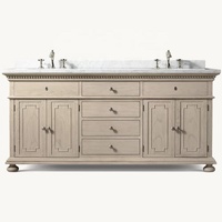 Meuble-lavabo double vasque en bois personnalisable style vintage américain, sur pied, avec vasque en céramique et plateau en marbre, pour appartement et villa
