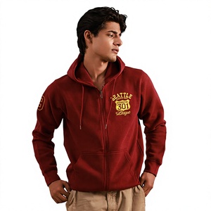 Men Red <b>Zip</b>-Up Hoodie Cotton French Terry Casual Autumn Wear Front Logo Pocket Design Regular Fit - Product Image 2