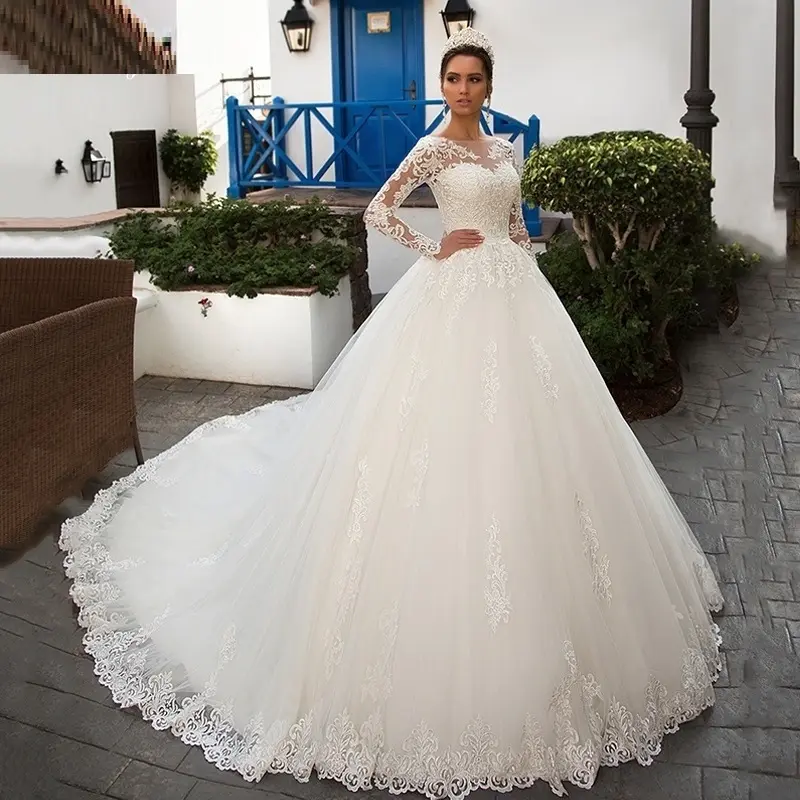 Vestido de novia de manga larga con cuello redondo, elegante, blanco