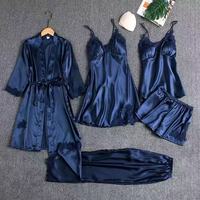 Conjunto de Pijama y Bata de Seda Helada Tejida de Varias Piezas para Mujer, Tallas Grandes, con Almohadillas en el Pecho, para Verano/Otoño/Primavera