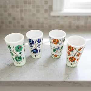 Vaso de chupito de mármol blanco pulido de 3 pulgadas con incrustaciones de piedra multicolor, hecho a mano, decorativo, para bebidas, al por mayor, para el hogar, bar, exportación, estilo antiguo - Product Image 1