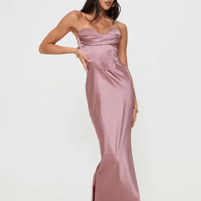Luxe Satin Bodice Women's Purple Dress Strapless Off The Shoulder Elegant Maxi Dress Dinner Dress Party Lady Evening
