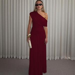 Elegante señoras un hombro Color sólido vestido irregular moda mujer ropa chica Casual largo Maxi vestidos - Product Image 4