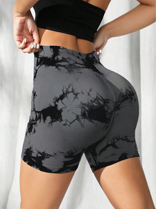 Active High Waist Yoga Shorts with Color Blocking Tie <b>Dye</b> Print Four-Way Stretch Spandex/Polyester <b>Fabric</b> - Product Image 2