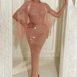 New Phụ Nữ Sexy Sâu V-Neck Lưới Tối Ăn Mặc Dài Tua Lấp Lánh Chia Dress Rắn Màu Vòng Cổ Sequin Buổi Tối Ăn Mặc